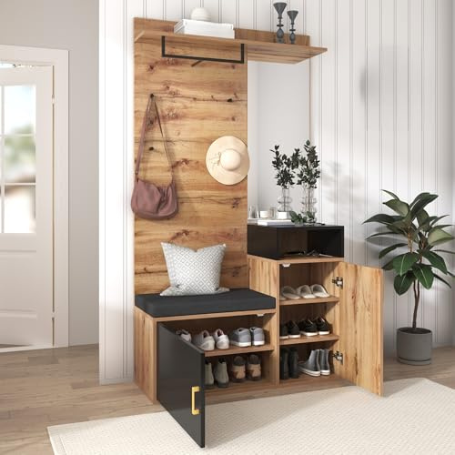 Ktipm Juego de Perchero Pared Mueble Recibidor Entrada con Espejo y 4 Ganchos, Conjunto de Perchero Entrada Recibidor con 2 Puertas y Banco, Percheros con Estante, 105x40x191.5 cm, Negro+Color Madera