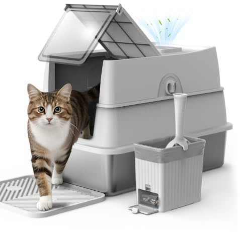 FURTIME Caja de arena para gatos de acero inoxidable con tapa grande XL, con borde alto y 100% a prueba de fugas, con alfombrilla y juego de contenedores de basura