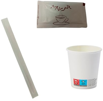 Adri Vasos de Café Desechables con Sobres de Azúcar y Paletinas de Madera, con la opción de escoger tapas para tapar si lo desea (200, Blanco sin tapas, Grande)