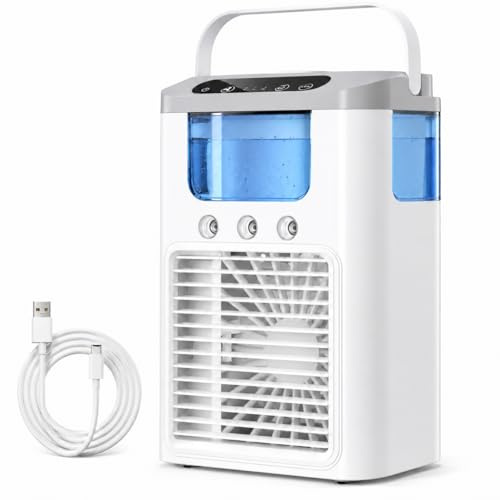 Enfriador de Aire Evaporativo Portátil, Ventilador de Escritorio Personal Inalámbrico con 3 Velocidades y Nebulización Refrescante, Ventilador Humidificador Silencioso con LED de 7 Colores para Dormit