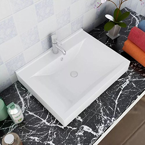 Festnight 60 x 46 cm Lavello Bianco | lavabo da appoggio in Ceramica Rettangolare con Foro Rubinetto