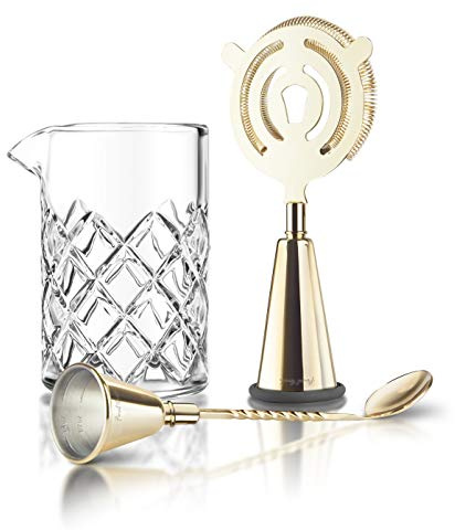 Final Touch Cocktail-Mix-Set aus Messing, multifunktional, essentielle Werkzeuge zum Herstellen, Ausgießen, Rühren und Sieben inklusive Yarai Rührkrug aus Glas, Messbecher und Löffel