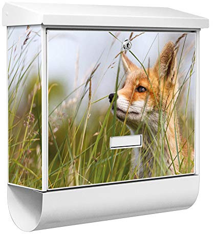 banjado® Burgwächter Briefkasten Weiß 38x39x12cm mit Motiv Fuchs/Briefkasten mit Zeitungsfach/Briefkasten mit Zeitungsrolle/Postkasten inkl. Montagematerial & 2 Schlüsseln