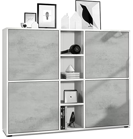 Vladon Highboard Cuba V3, Made in Germany, Weiß matt/Beton Oxid Optik - Moderne Anrichte mit 12 Fächern (130,5 x 105,5 x 35,5 cm)