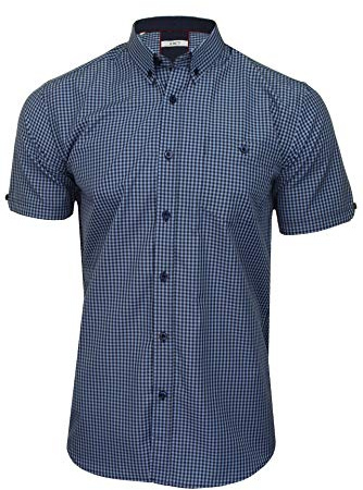 Xact Men's Gingham Check Shirt with Button-Down Collar - Short Sleeved (Denim Blue/Navy) XXL