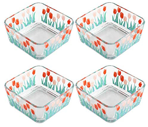 HEMOTON 4 Pièces Bol Carré En Verre Motif Tulipe Coupe à Dessert En Cristal Saladier En Verre Bols à Soupe De Fleurs Saladier De Fruits En Marguerite Un De Nourriture
