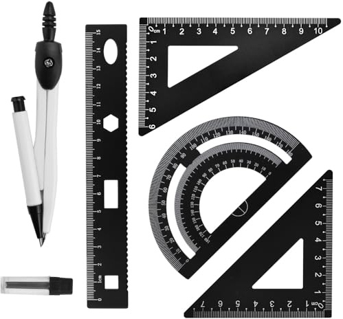 WANTOUTH 4 Stücke Lineal Set Zeichendreieck Aluminium Zeichnungsset Zeichnen Lineal Set mit 1 Stück Geometrie Zirkel Geometriezirkel für Studenten Technische Zeichnungen