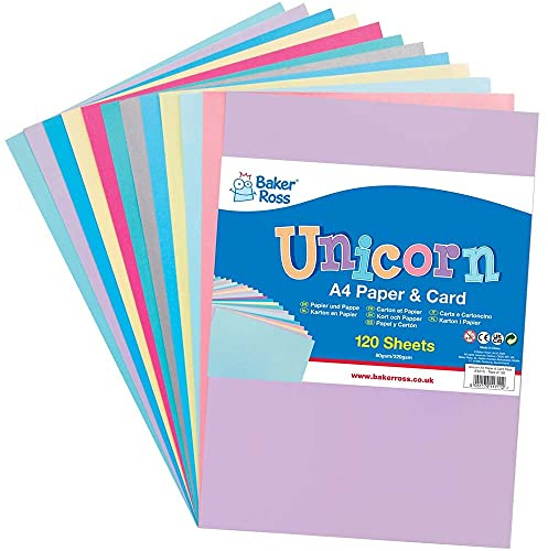 Baker Ross FE211 Einhorn-Papier und Karton, A4, 120 Stück, farbiges Kunstzubehör für Kinder, Bastelarbeiten