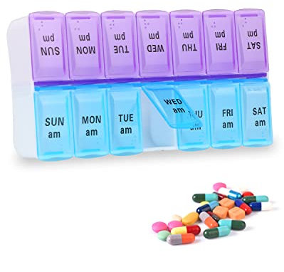 FANKEELY Tablettenbox 7 Tage Morgens Abends, Pillendose Große Fächer, Medikamentenbox 7 Tage * 2 Fächer Wasserdicht, staubdicht und leicht zu transportieren, blau und lila