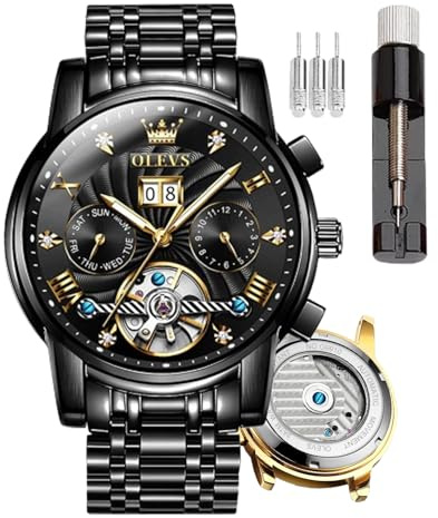 OLEVS Orologio Automatico da Uomo, Scheletrato con Tourbillon Senza Batteria, Lussuoso in Acciaio Inossidabile con Data, Meccanico Impermeabile e alla Moda