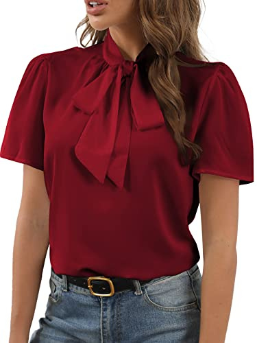 Rooscier Damen Fliege Knoten Stehkragen Kurzarm Elegant Arbeitskleidung Bluse Shirt Top, Weinrot, Mittel