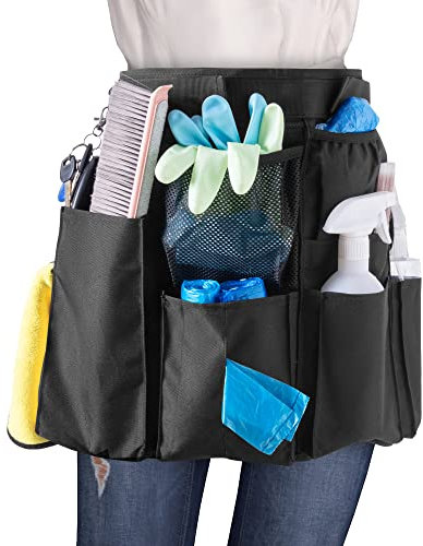 LoDrid Delantal de limpieza para el hogar con 9 bolsillos, bolsa de limpieza profesional con cinturón ajustable, delantal de suministros de limpieza resistente al agua para el trabajo, negro