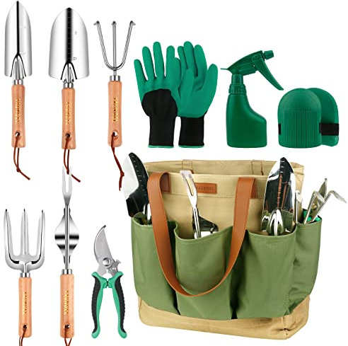 YAUNGEL Gardening Tools Set, Garden Tool Kit with Outdoor Hand Tools, Grass Shears, Garden Gloves, Storage Tote Bag, Garden Tools Set Gifts for Women and Men