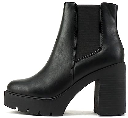 Soda EDITOR ~ Women Lug Sole High Heel Chelsea Fashion Ankle Boot w/Double Elastic Gore (Black Pu, 11)