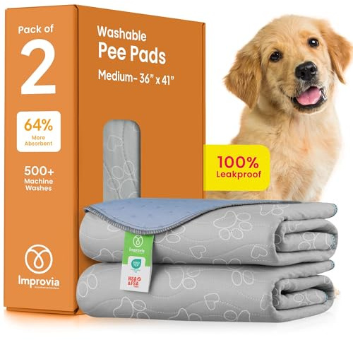 IMPROVIA® Reusable Puppy Pad – Waterproof, Extra-Absorbent, Washable Pee Pad for Dog Training, Whelping, & More – Protect Your Floors & Pet with Quick-Drying Potty Pad (Paws & Hearts, Medium 36x41)