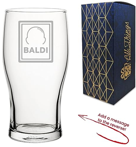 Personalised Engraved Novelty Pint Glass with Baldi Design, Add a Personalised Message to the Reverse, Gift Box Included, Laser Engraved, Gift for Dad Grandad Colleague Retirement, Funny Gift