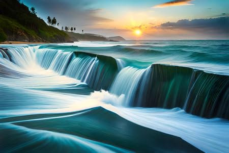 adrium Acryl-Bild 80 x 50 cm: Wunderschöne Meereslandschaft mit Wasserfall bei Sonnenuntergang. Sri Lanka (211814544)