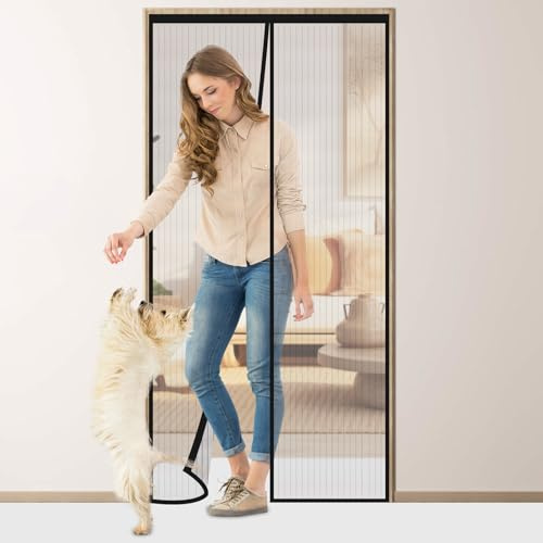 Flintronic Magnetic Fly Screen Door, 100x210cm Heavy Duty Mesh Curtain | with Repair Subsidy, Fly Screens Doors Nets Patio Curtain Insect Mesh with Powerful Magnets & Full Frame Magic Tape, Black