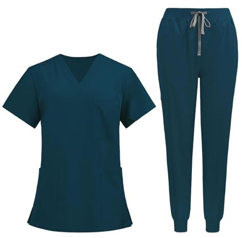 JISADER Uniform-Peeling-Set, kurzärmliges Krankenschwester-Oberteil und -Hose, Damen-Pflege-Arbeitsanzüge für den Schönheitssalon, Blau, S