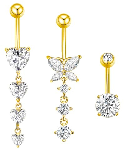 Besyvvin 3stk Bauchnabelpiercing Chirurgenstahl 10mm Silber Gold Schmetterling Herz Anhänger Bauchpiercing Piercing Bauchnabel Schmuck