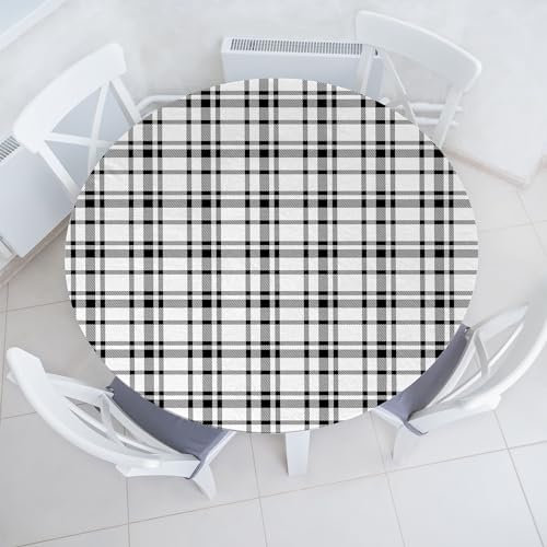 ABAKUHAUS Plaid Elastisches Rundtischtuch, Schwarzweiss-Tartan-Muster-grafisches Gitter-Kunst-Design mit traditionellen Einflüssen, Rundum-elastische Stofftischdecke, 142 cm - 152 cm, Weiß Schwarz