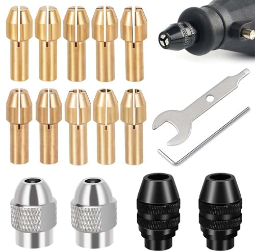 FZYCOM 16 Pcs Chuck Collet Kit, Drill Chuck Collet Set for Dremel, 0.8-3.2mm Shank Replacement 4486 Drill Chuck, Multi Chuck Set with Replacement 4485 Brass Collet Metal Nut