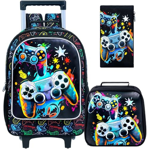 UFNDC 3PCS Boys Rolling Backpack, Cute Game Wheeled Bookbag，Roller School Bag with Wheels for Elementary Preschool Travel