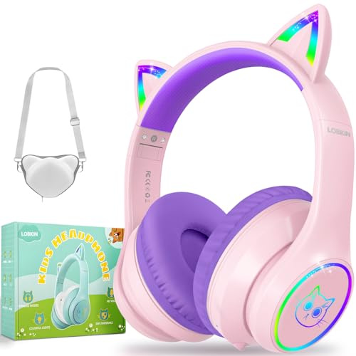 LOBKIN Casque Enfant, Casque Bluetooth Chat Enfant avec Sac, sans Fil et Filaire, Casque Musique Fille Pliable Réglable pour École, Voyage