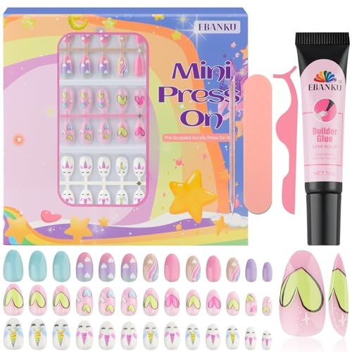 78 Stück Weiter drücken Nails für Kinder, EBANKU 3 Pack KinderFalsche Nägel Kit Alte bunte Herz Weiter drücken Nails für Mädchen 8-12 Jahre mit Gelee Nagel Klebstoffe & Nagelbaumkleber