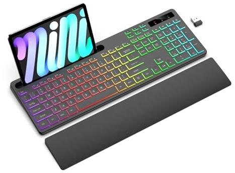 Soueto Wireless Keyboard with 7 Colors & 4 Modes RGB Backlit, Ergonomic Keyboard with Wrist Rest, Phone Tablet Holder, 2.4G Light Up Computer Keyboard with Numeric Keypad for Mac, Windows
