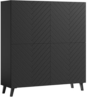 MINIO go for it - Kommode LOKET, 120 cm Breit Hochkommode mit 4 Türen | Wohnzimmer, hohe Kommode, Highboard, Wohnzimmer Möbel, Farbe: Schwarz matt mit Fischgrätenmuster