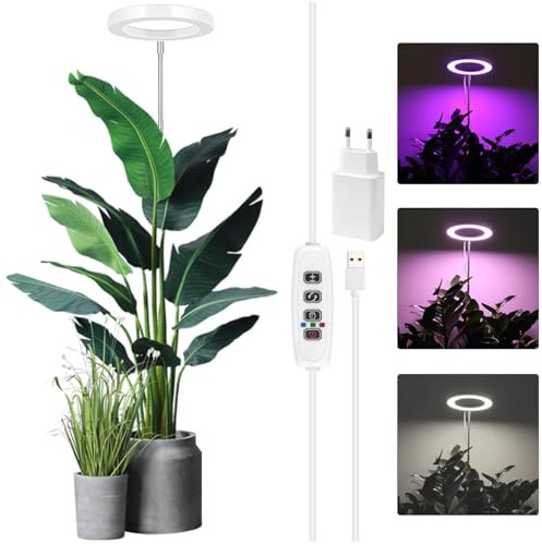 Rosnek Wachstumsleuchten für Zimmerpflanzen, 72 LEDs, Dimmbar LED Vollspektrum Pflanzenleuchte, 35–155 cm Höhenverstellbare Wachstumslampe mit Timer für Große Pflanzen (Weiß mit Adapter)