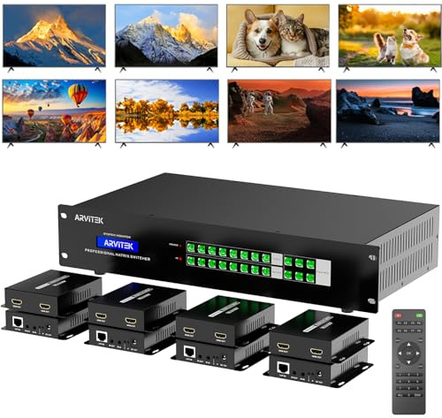 Arvitek 4K 8 in 16 Out HDMI Extender Matrix with Web GUI, HDMI Matrix Splitter/Switcher 4K@60Hz Over CAT6/7 Cable with IR Control, RS-232, 8 x Loop Out & 8 x Receivers Included, Up to 230 Ft(70m)