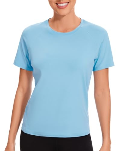 AMZSPORT T-Shirt de Sport pour Femmes, Manches Courtes Top de Yoga pour Running Fitness Gym, Bleu Ciel M