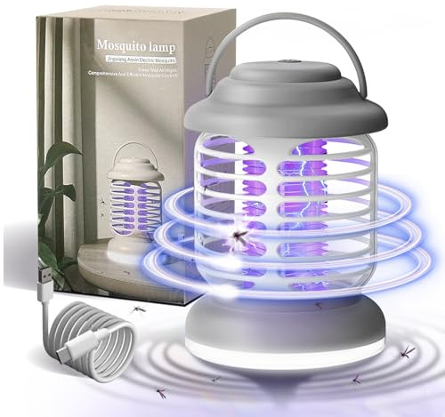 Insektenvernichter 5W, Mückenfalle Elektrisch, Mückenlampe Akku, Fliegenfalle Elektrisch, Elektrischer Insektenlampe Innen und Außen, Insektenfalle mit LED Lampe Camping (Wiederaufladbar, Grau)