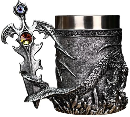 Stainless Steel Coffee Mug, Medieval Beer Mug, 600ml Stainless Steel Retro Travel Mug, Beer, Coffee, Medieval Viking Dragon Beer Stein 600ml Stainless Steel Mug Beer Mug Coffee Cup Board Game Mug