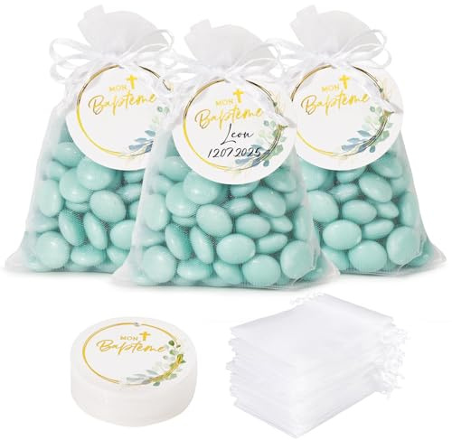 BOFUNX 50pcs Sachets en Organza Blanc 12x9cm Pochette Cadeau Sachets Bonbons avec Étiquettes Baptême Croix Imprimé Faveur de Baptême pour Baptême