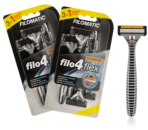 Filomatic Filo4Flex - Pack de 8 Maquinillas Desechables para Hombre con 4 Hojas, Banda Lubricante y Cabezal Basculante, Diseñadas para un Afeitado Preciso y Confortable (2 Pack de 4)