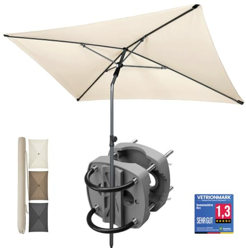 4smile Sonnenschirm Balkon SET 3-in-1, Sonnnenschutz Balkon, UV50+ Sonnenschirm rechteckig 200 x 125 cm + Sonnenschirmhalter Balkongeländer + Sonnenschirmhülle, Beige