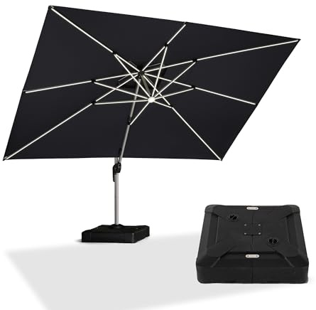 PURPLE LEAF 300 × 400 cm Sonnenschirm mit Ständer LED 360° Drehbar, Grau | Ampelschirm, 8 LED-Schirmstreben für lange Abende, Polyester, Schirmständer, Einfaches Öffnen, Stabiler Rostfreier Alurahmen