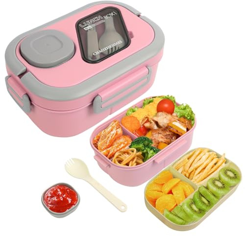 Minicoco Bento Lunch Box 1200ML Leak-Proof Stackable Container with 6 Compartments & Built-in Spork + Sauce Pot，Microwave & Dishwasher Safe for Adults, Kids, Work, School（Pink）