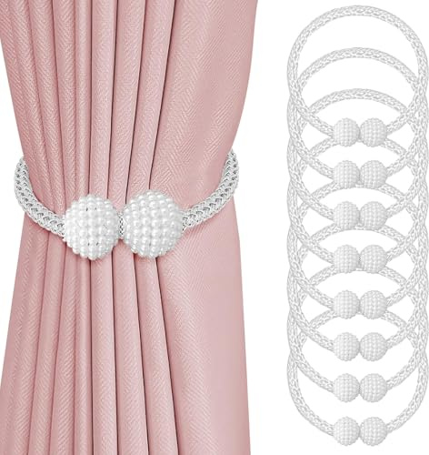 Kisstta 8 Stück Magnetische Vorhang Raffhalter, Raffhalter für Vorhänge mit Magneten, Weiß Perle Gardinenhalter, Vorhang Halter für Zuhause, Schlafzimmer, Büro Dekorativer (Weiße 1)