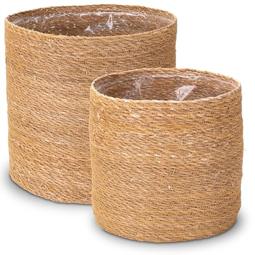 Decorasian Seegras Übertopf – Blumentopf geflochten – dekorativer Planzenkorb mit Folieneinsatz im Boho Stil – Natur - Set 35cm + 30cm