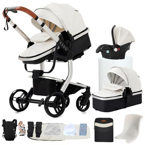 NADDLILY PU-Leder Trio-Kinderwagen, 3-in-1-Kinderwagen mit umkehrbarem Zwei-Wege-Schieber, Trio für Neugeborene mit Zubehör, Kinderwagen für Neugeborene mit tragbarem Design, faltbar mit einem Klick