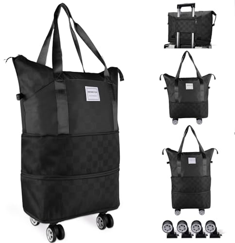 NBERMOTION Expandable Rolling Duffle Bag - Large Carry-On With Spinner Wheels, Foldable Weekend Travel Bag, 28-58L Capacity（A-Black）