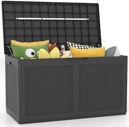 GOPLUS 380 L Gartenbox, Auflagenbox wasserdicht mit Rollen, Aufbewahrungsbox Garten mit Deckel, Kissenbox Outdoor aus Rattanstruktur, Gartentruhe für Balkon, Gartengeräte & Poolzubehör (Grau)
