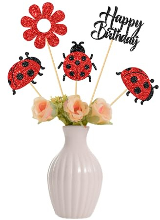 Ladybug Happy Birthday Centerpieces Sticks - Kids Boys Girls Birthday Party Centerpieces - Baby Shower - Ladybird Themed Party Table Decorations - Glitter 12 Pack