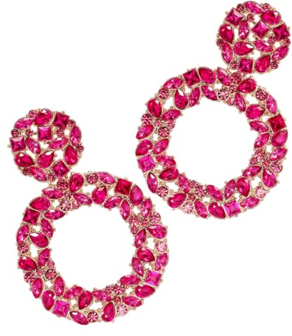 Genérico Pendientes para Mujer de Aleación Gemas de Imitación Pendientes Decorativos Geométricos Multicapas Diseño Redondo Exagerado Color Rosa Fucsia Accesorios de Moda para Fiestas y