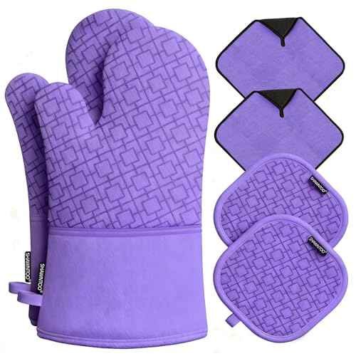 Oven Mitts and Pot Holders Sets 6pcs, Kitchen Oven Glove,High Heat Resistant 550 Degree Extra Long Oven Mitts and Potholders with Non-Slip Silicone Surface for Home Essentials (Grey) (Purple)
