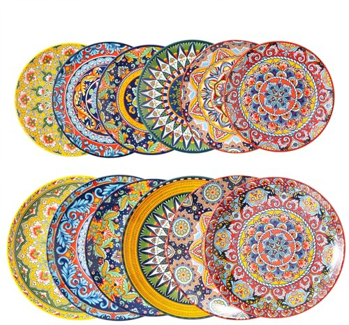 NTKOW Ceramic Salad Plates, 20 cm and 26 cm Colourful Breakfast Plates, Ceramic Dessert Plates, 12-Piece Round Plate Set with Patterns and Colours - Bohemian Style
